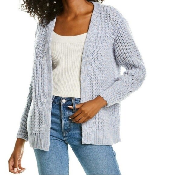 Womens 100% Wool Cardigan Sweater Size Medium Blue Open Chunky Knit Long Sleeve - Picture 7 of 8